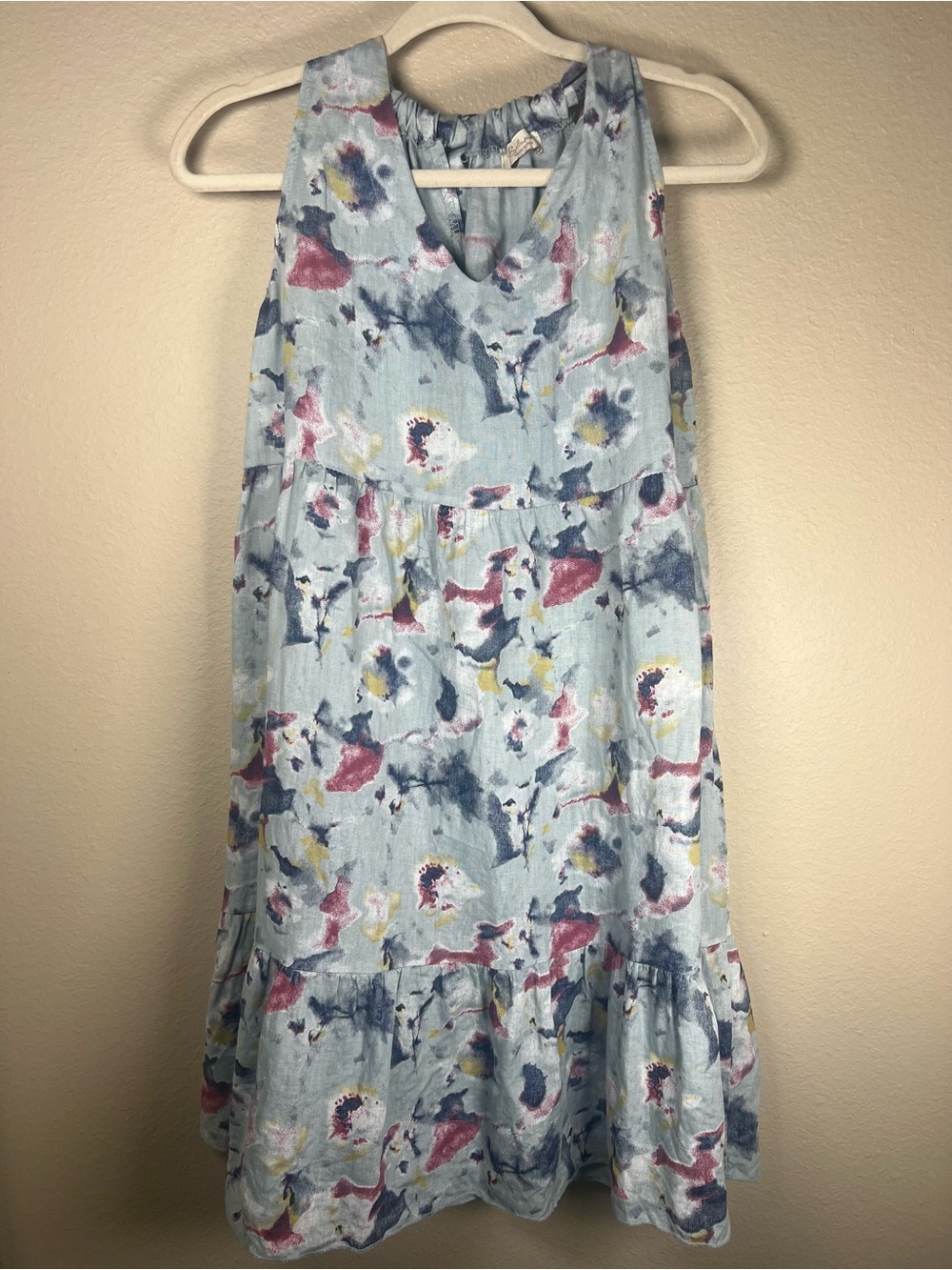 Bellambra Italy 100% Linen Tiered Dress Medium Blue Watercolor Abstract Floral